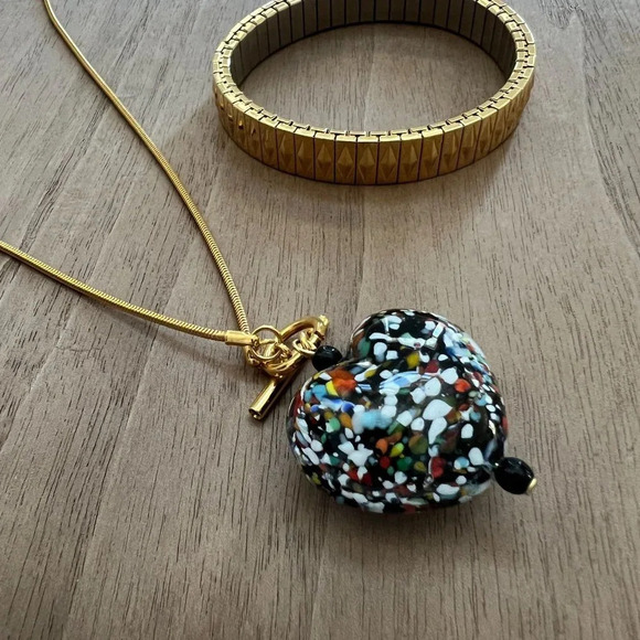 Italian Millefiori Glass Heart on Gold Chain Necklace and Stretch Bracelet - Picture 3 of 8